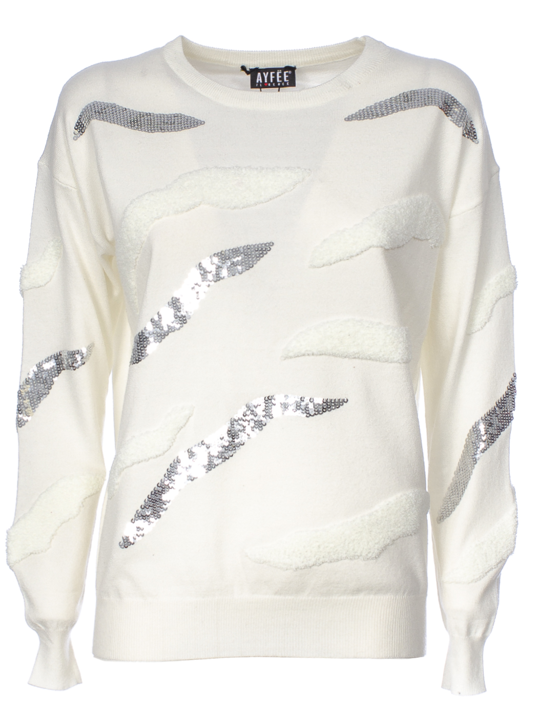 MAGLIA DETTAGLIO CLOUDS PAILLETTES, 3 TG,52%VI 23%NY 25%PL, MADE IN PRC          